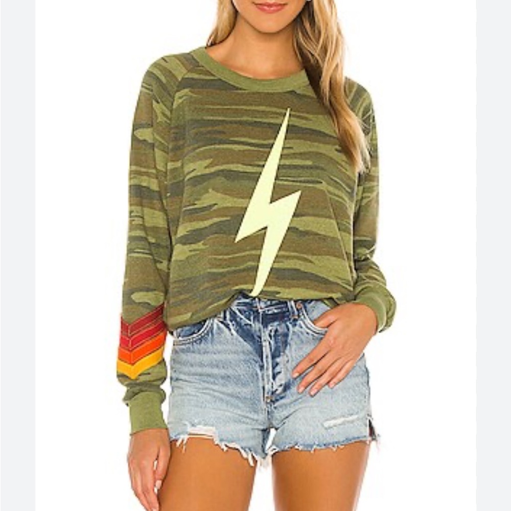 Aviator Nation Bolt Stitch Chevron Crewneck in Camo Green Sz L Casual Coastal